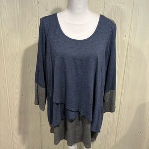 SUNDAY Tiered Blue and Grey Soft 3/4 length sleeve top size 1X